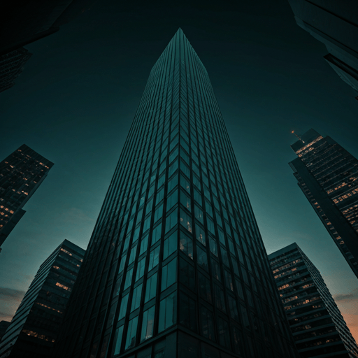 Low-angle shot of a sleek dark glass skyscraper reflecting emerald green glow at twilight